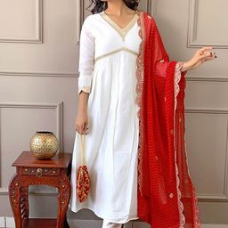 KALINI Ethnic Motifs Yoke Design V-Neck Chanderi Silk A-Line Kurta With Trousers & Dupatta-image-16