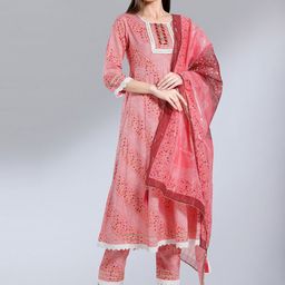 MADHURAM Women Pink Printed Empire Kurta with Trousers & With Dupatta-image-32