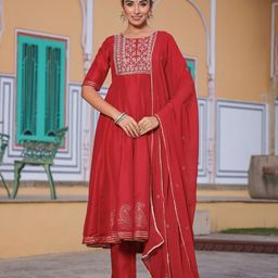 AHIKA Ethnic Motifs Yoke Design Anarkali Kurta & Trousers With Dupatta-7