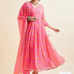 PANIT Pink Printed Georgette Angrakha Ethnic Dress With Dupatta-image-95