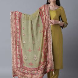 WISHFUL Green & Pink Printed Sequinned Dupatta-image-3