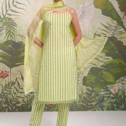 Vishudh Lime Green Striped Pure Cotton Straight Kurta With Trousers & Dupatta-picture-48