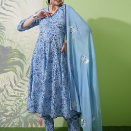 Vishudh Floral Printed Regular Pure Cotton Kurta with Trouser & Dupatta image 1