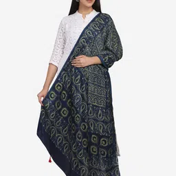 THE WEAVE TRAVELLER Blue & Green Ethnic Motifs Printed Viscose Rayon Block Print Dupatta image 1