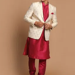 VASTRAMAY Men Fuchsia Red Kurta With Pyjamas & With Woven Design Blazer-6