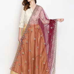 Dupatta Bazaar Purple & Gold-Toned Embroidered Mirror Work Net Dupatta image 1