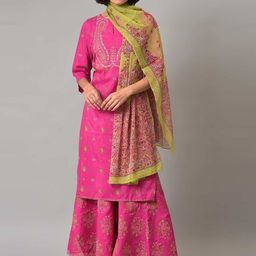 W Festive Floral Print Shantung Kurta With Cullotes & Dupatta-picture-19