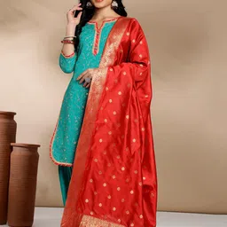 Anouk Green Floral Embroidered Straight Kurta with Patiala & Dupatta-38