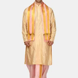 Sethukrishna Mandarin Collar Zari Kurta With Dhoti Pants & Angavastram-picture-39