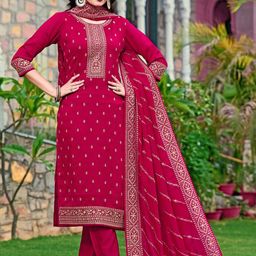 KALINI Floral Embroidered Regular Sequinned Straight Kurta with Trousers & With Dupatta-17