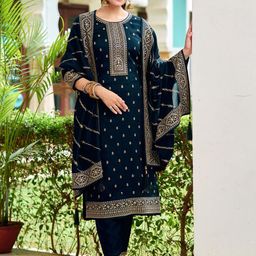 KALINI Floral Embroidered Regular Sequinned Straight Kurta with Trousers & With Dupatta-image-94