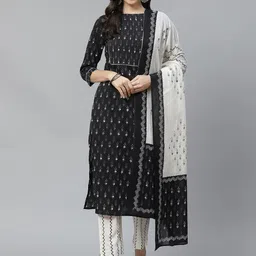 Yuris Women Black & Off-White Pure Cotton Printed Kurta with Palazzos & Dupatta-41