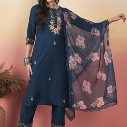 KALINI Floral Embroidered Round Neck Straight Kurta With Trousers & Dupatta-38