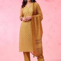 Anouk Mustard Yellow Ethnic Motifs Printed Pure Cotton Kurta with Trousers & Dupatta-15