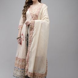 Ishin Women Beige Floral Printed Floral Anarkali Kurta with Dupatta-image-127
