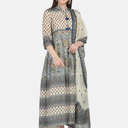 FFU Ethnic Motifs Mandarin Collar Fit & Flare Polyester Ethnic Dresses With Dupatta-56