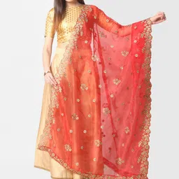 Dupatta Bazaar Red & Gold Embroidered Organza Dupatta with Beads and Stones Details-49