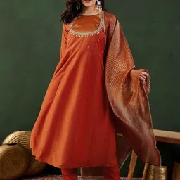 Sangria Orange Floral Embroidered Regular Anarkali Kurta With Trouser With Dupatta-picture-9