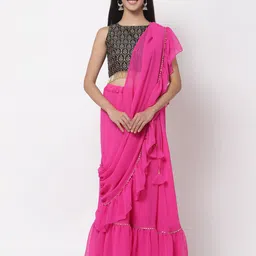 studio rasa Women Pink Georgette Tiered Skirt with Attached Dupatta-13