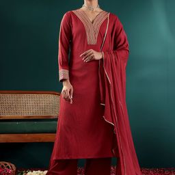 Varanga Women Yoke Design Regular Gotta Patti Silk Crepe Kurta with Trousers & With Dupatta-picture-7