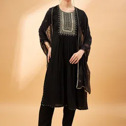 all about you Embroidered Mirror Work Round Neck Kurta with Trousers Dupatta-picture-55