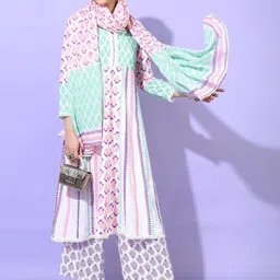 Vishudh Women Floral Viscose Rayon Kurta with Trouser with Dupatta-13