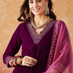 Sangria V Neck Zari Sequence Embroidered Flared Kurta with Trousers & Dupatta image 2