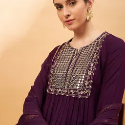 all about you Embroidered Mirror Work A-Line Kurta with Trousers Dupatta image 2