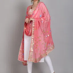 SOUNDARYA Peach-Coloured & Gold-Toned Block Printed Dupatta With Gotta Patti image 5