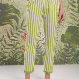 Vishudh Lime Green Striped Pure Cotton Straight Kurta With Trousers & Dupatta image 5