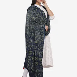 THE WEAVE TRAVELLER Blue & Green Ethnic Motifs Printed Viscose Rayon Block Print Dupatta image 3