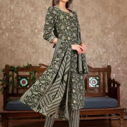 KALINI Floral Printed Regular Kurta with Trouser & Dupatta image 2