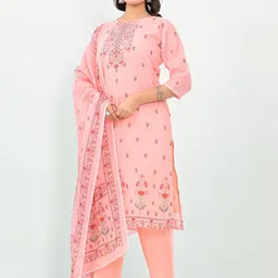 Label Khoj Ethnic Motifs Printed Regular Thread Work Linen Kurta with Trousers & Dupatta image 4