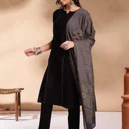 Anouk Contrast Cuff Kurta with Trousers & Dupatta image 4