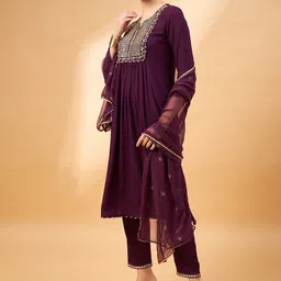 all about you Embroidered Mirror Work A-Line Kurta with Trousers Dupatta image 4
