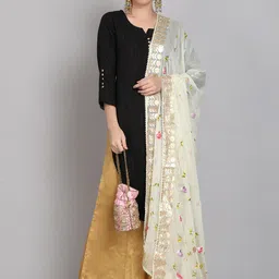 SOUNDARYA Cream-Coloured & Green Block Printed Dupatta With Gotta Patti image 3