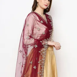Dupatta Bazaar Purple & Gold-Toned Embroidered Mirror Work Net Dupatta image 5