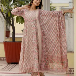 Anouk Floral Printed Empire Mirror Work Pure Cotton Kurta with Trousers & Dupatta-16