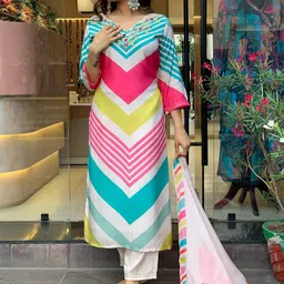 KALINI Chevron Printed Beads & Stones Regular Kurta With Trousers & Dupatta image 2
