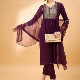 all about you Embroidered Mirror Work A-Line Kurta with Trousers Dupatta image 3