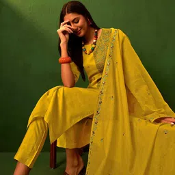 Sangria Floral Embroidered Boat Neck Straight Kurta Trouser & Dupatta-picture-24