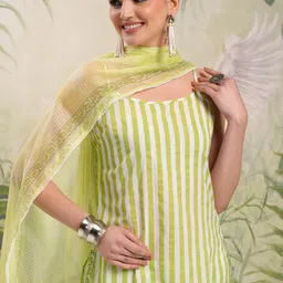 Vishudh Lime Green Striped Pure Cotton Straight Kurta With Trousers & Dupatta image 2