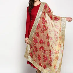 Dupatta Bazaar Yellow & Red Ethnic Motifs Embroidered Organza Dupatta with Sequinned-16