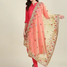 Dupatta Bazaar Yellow & Red Embroidered Organza Dupatta with Thread Work-9