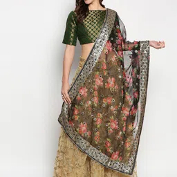 Dupatta Bazaar Black & Pink Floral Embroidered Organza Dupatta-6