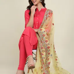 Dupatta Bazaar Yellow & Red Embroidered Organza Dupatta with Thread Work image 2