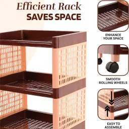 kuber industries Pack of 3 Multipurpose 4-Layer Storage Trolley Rack with Wheels | Brown Plastic Kitchen Trolley image 4
