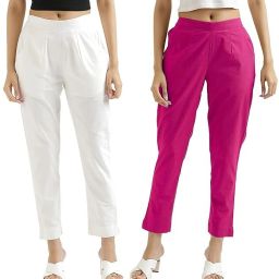 Pack of 2 Women Regular Fit White, Pink Pure Cotton Trousers-image-53