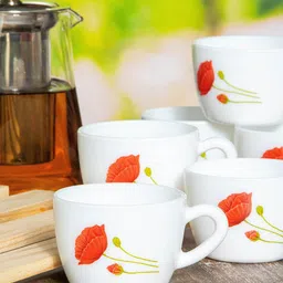 Cello White & Red Red Red Floral Printed Opalware Glossy Cups Set of Cups and Mugs image 1