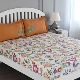 Orange Floral 150 TC Cotton Queen Sized Bed Sheets with 2 Pillow Covers by GM Fabrics-picture-20